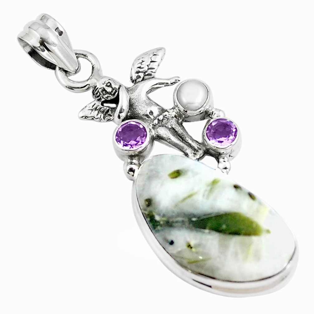 925 silver natural green tourmaline in quartz pearl angel pendant m84509