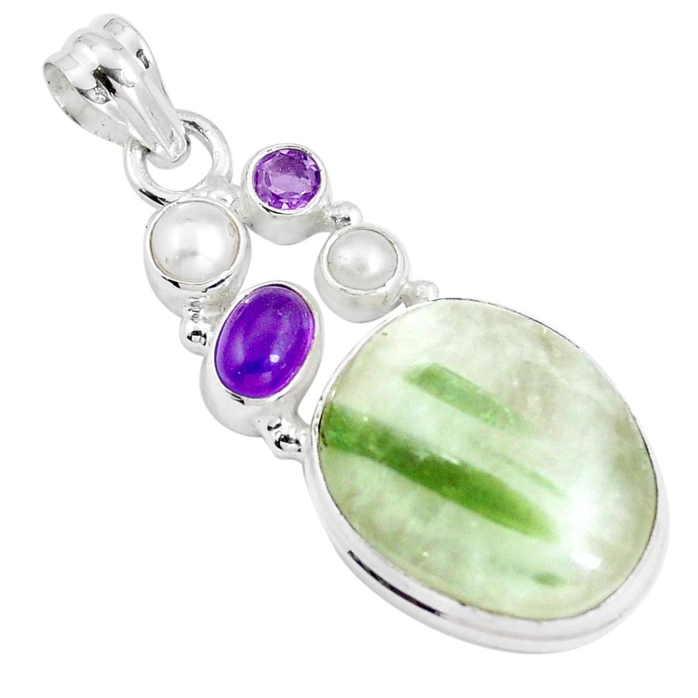 Natural green tourmaline in quartz amethyst 925 silver pendant m84516