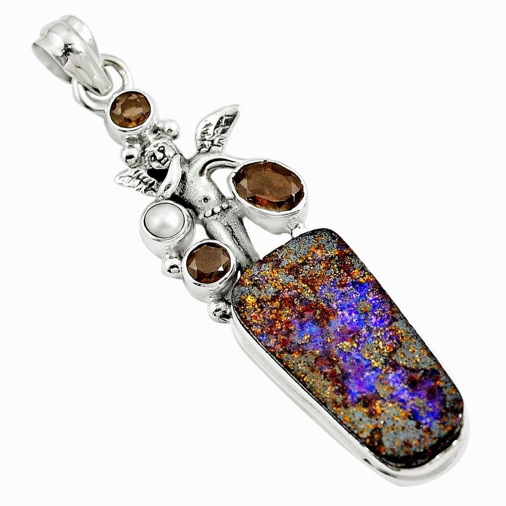 Natural brown boulder opal smoky topaz 925 silver angel pendant m84605