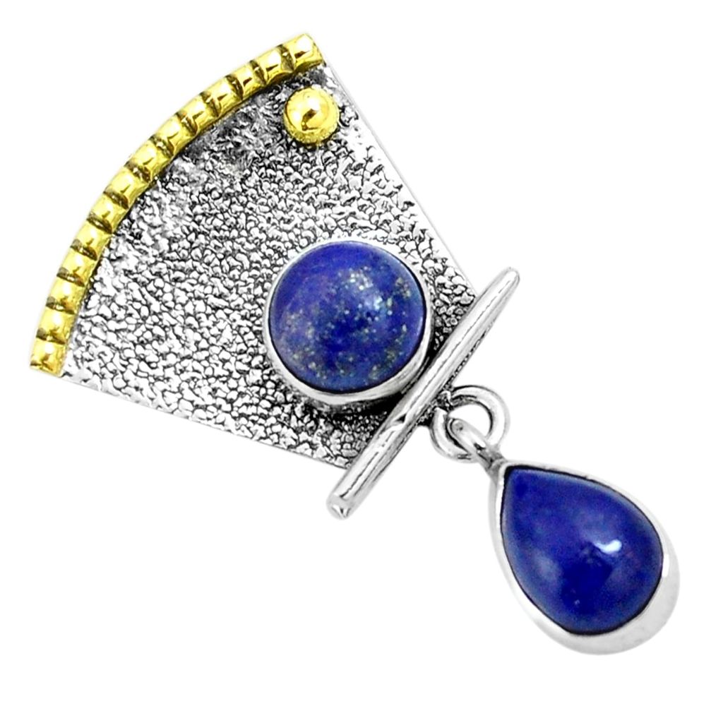 Natural blue lapis lazuli 925 sterling silver two tone pendant m84822