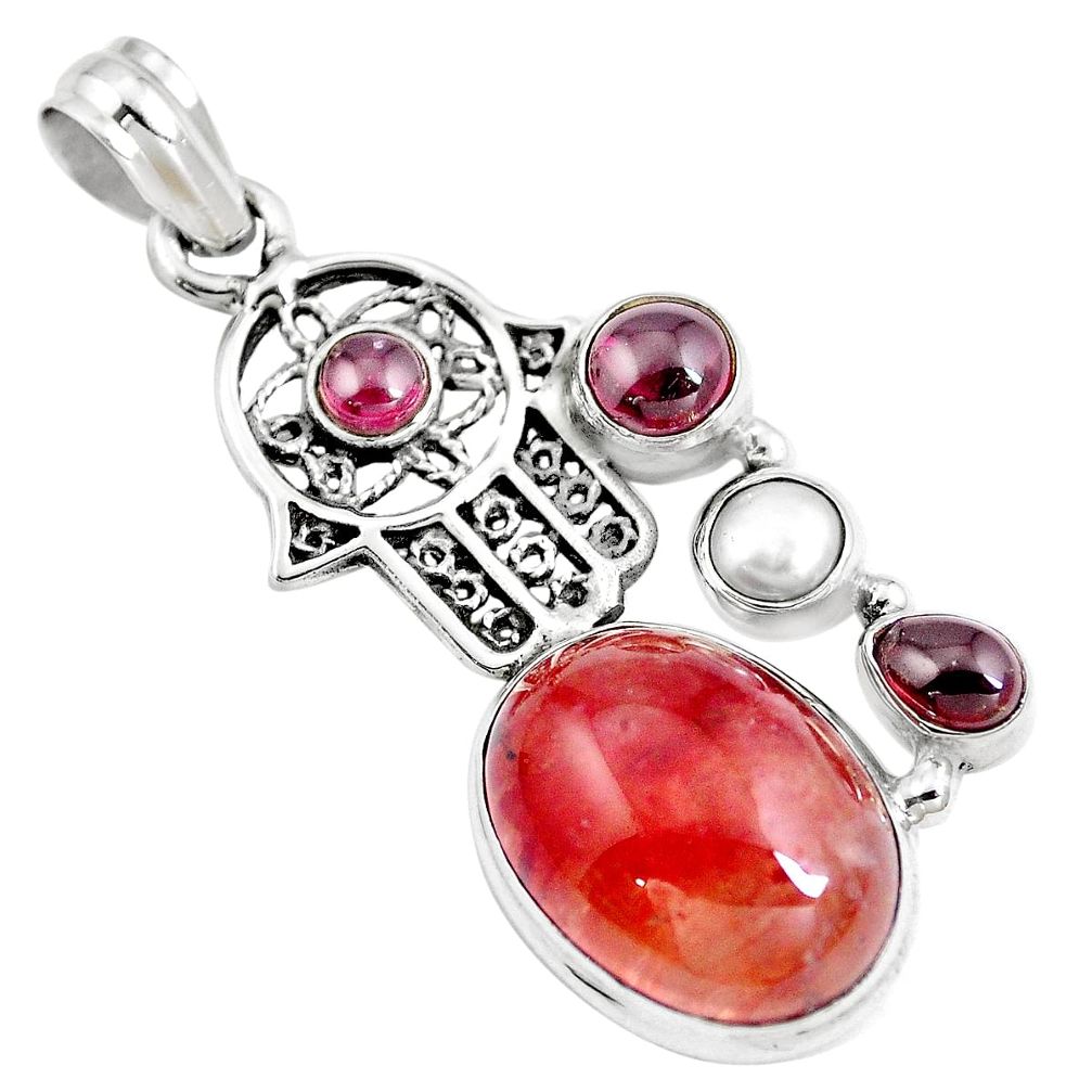 Natural orange blood quartz 925 silver hand of god hamsa pendant m85763