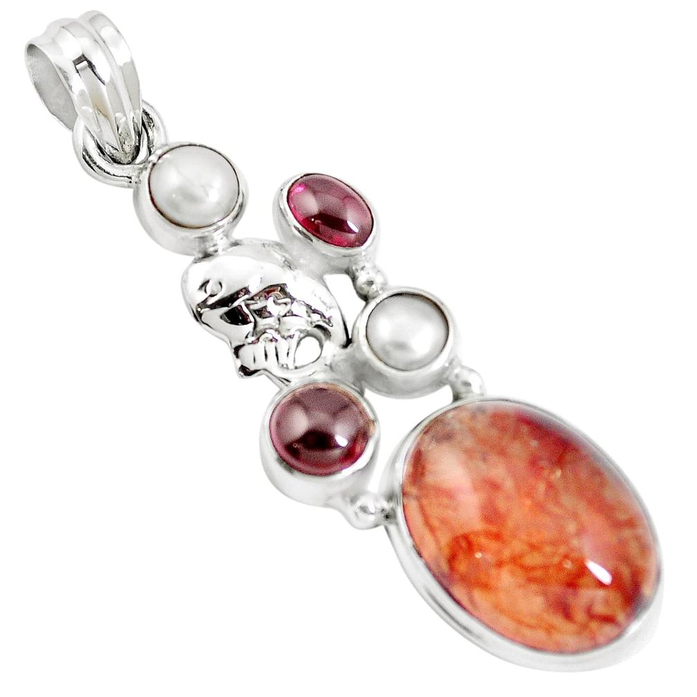 Natural orange blood quartz red garnet 925 silver fish pendant m85765