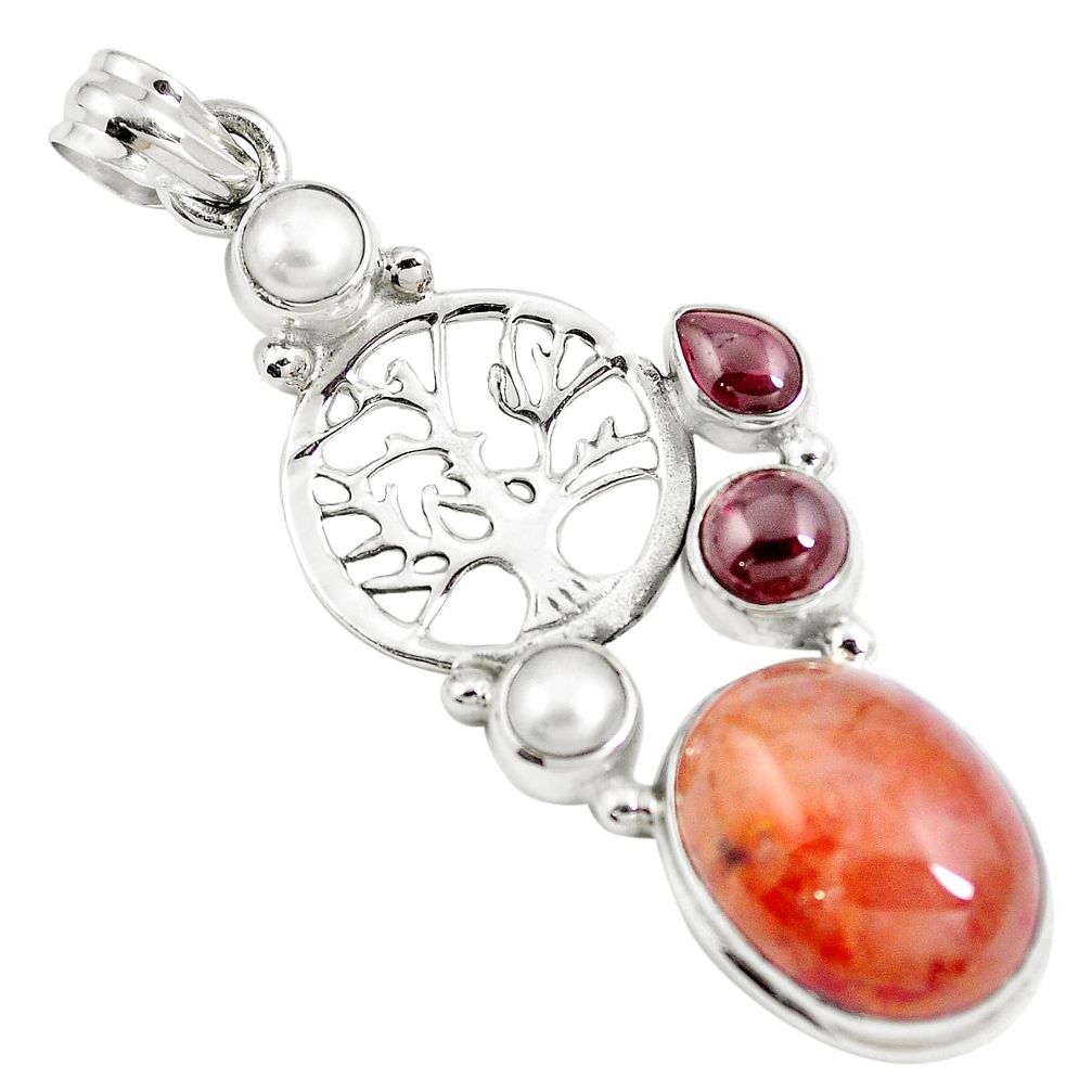 Natural orange blood quartz 925 silver tree of life pendant m85766