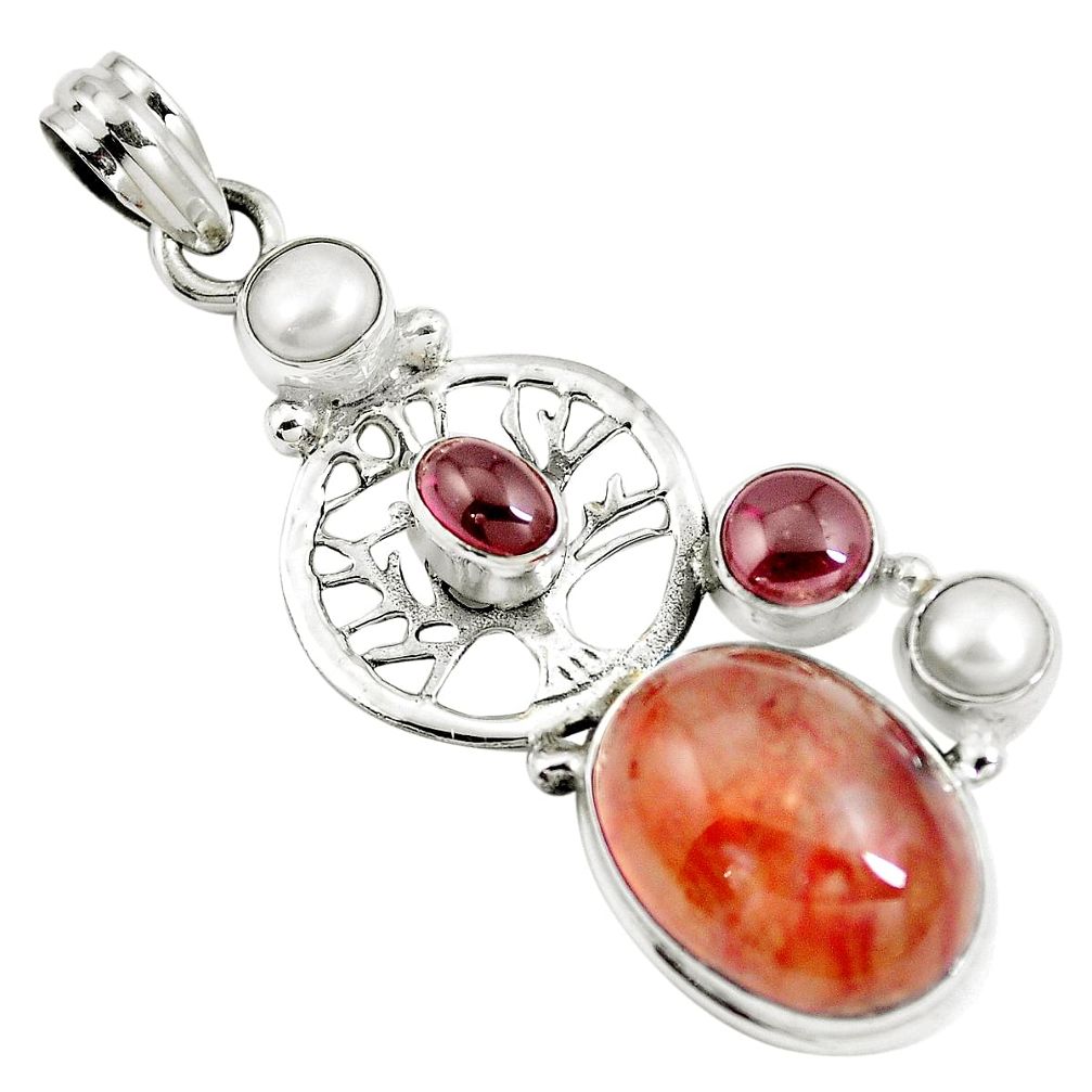 Natural orange blood quartz 925 silver tree of life pendant m85767