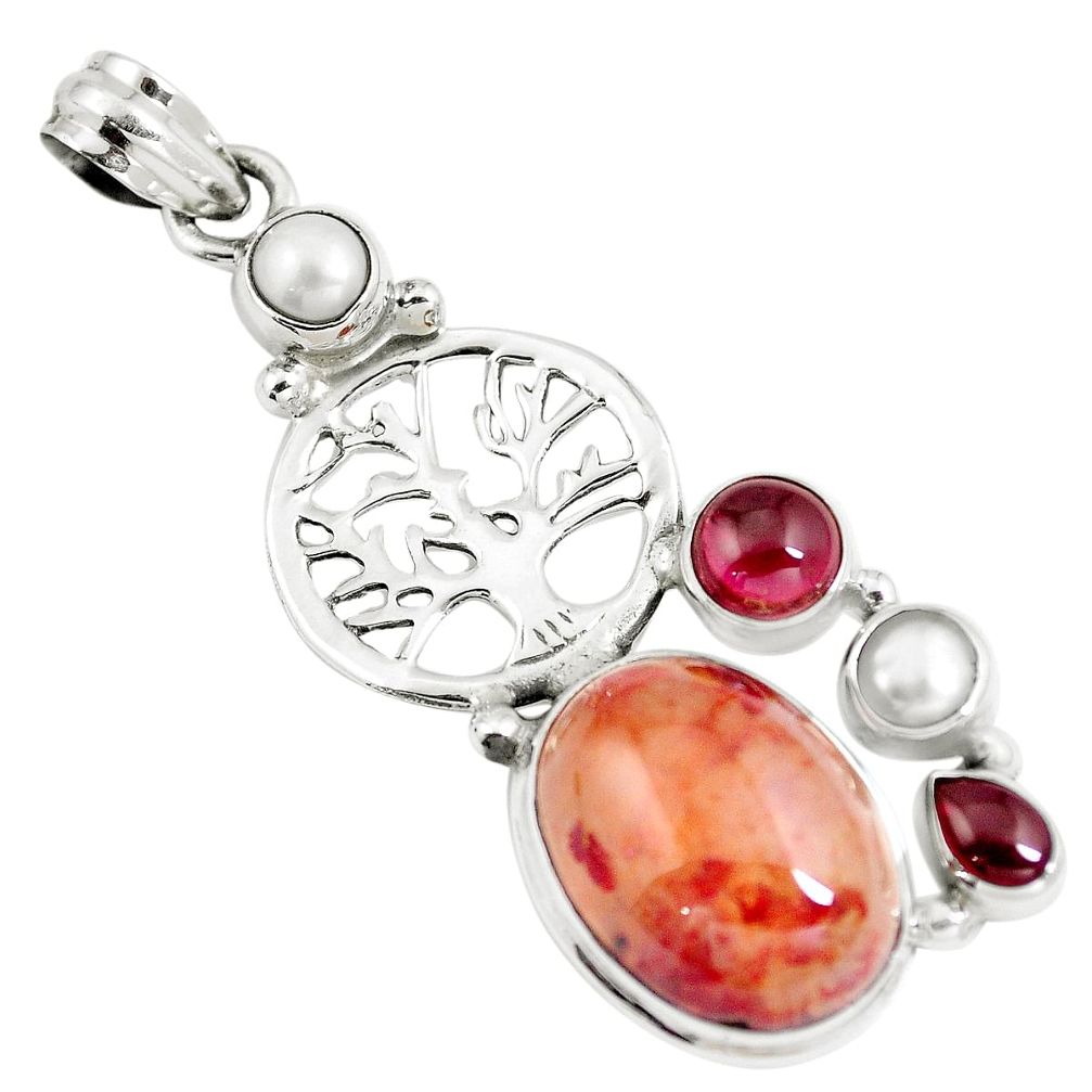 Natural orange blood quartz 925 silver tree of life pendant jewelry m85772