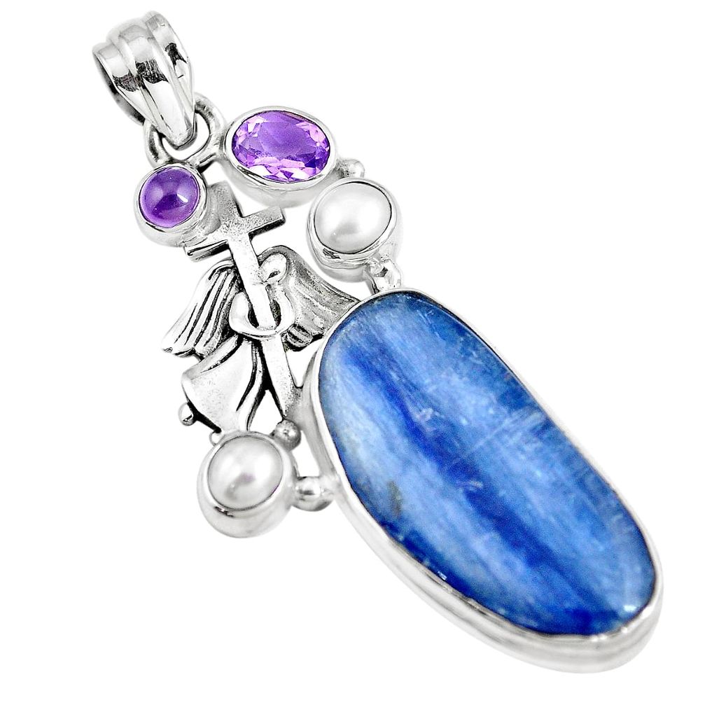 Natural blue kyanite amethyst 925 silver holy cross pendant m85781