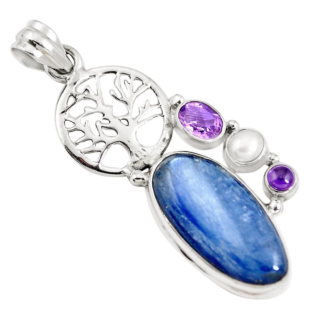 Natural blue kyanite amethyst 925 silver tree of life pendant m85790