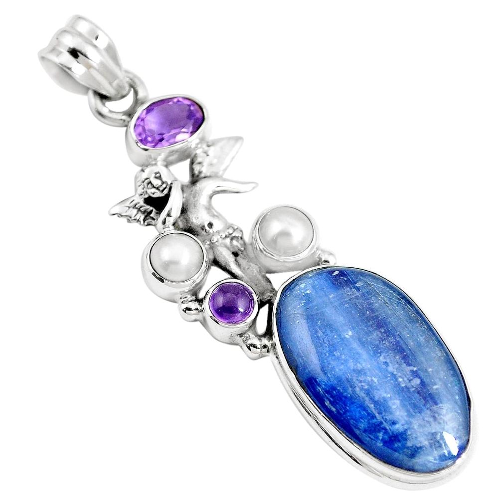 Natural blue kyanite amethyst pearl 925 sterling silver angel pendant m85797