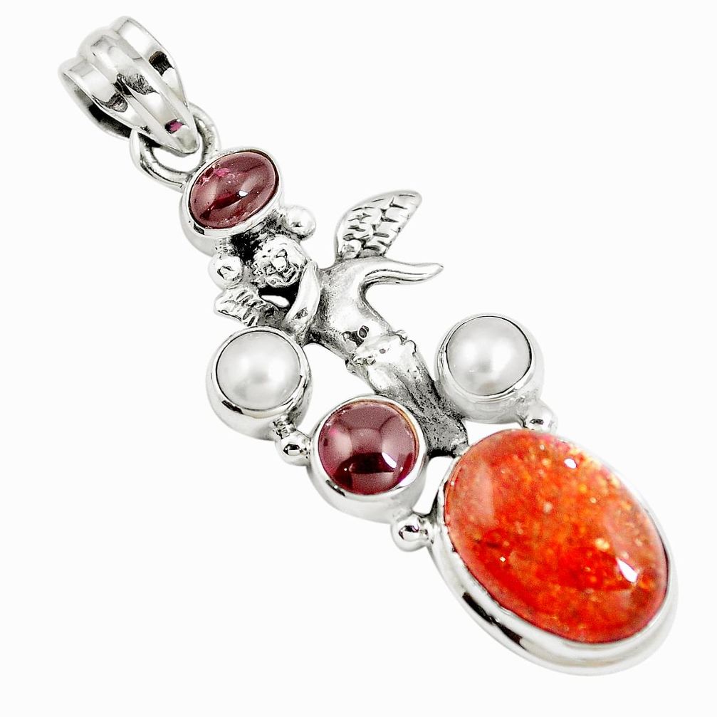 925 silver natural orange sunstone (hematite feldspar) angel pendant m85804