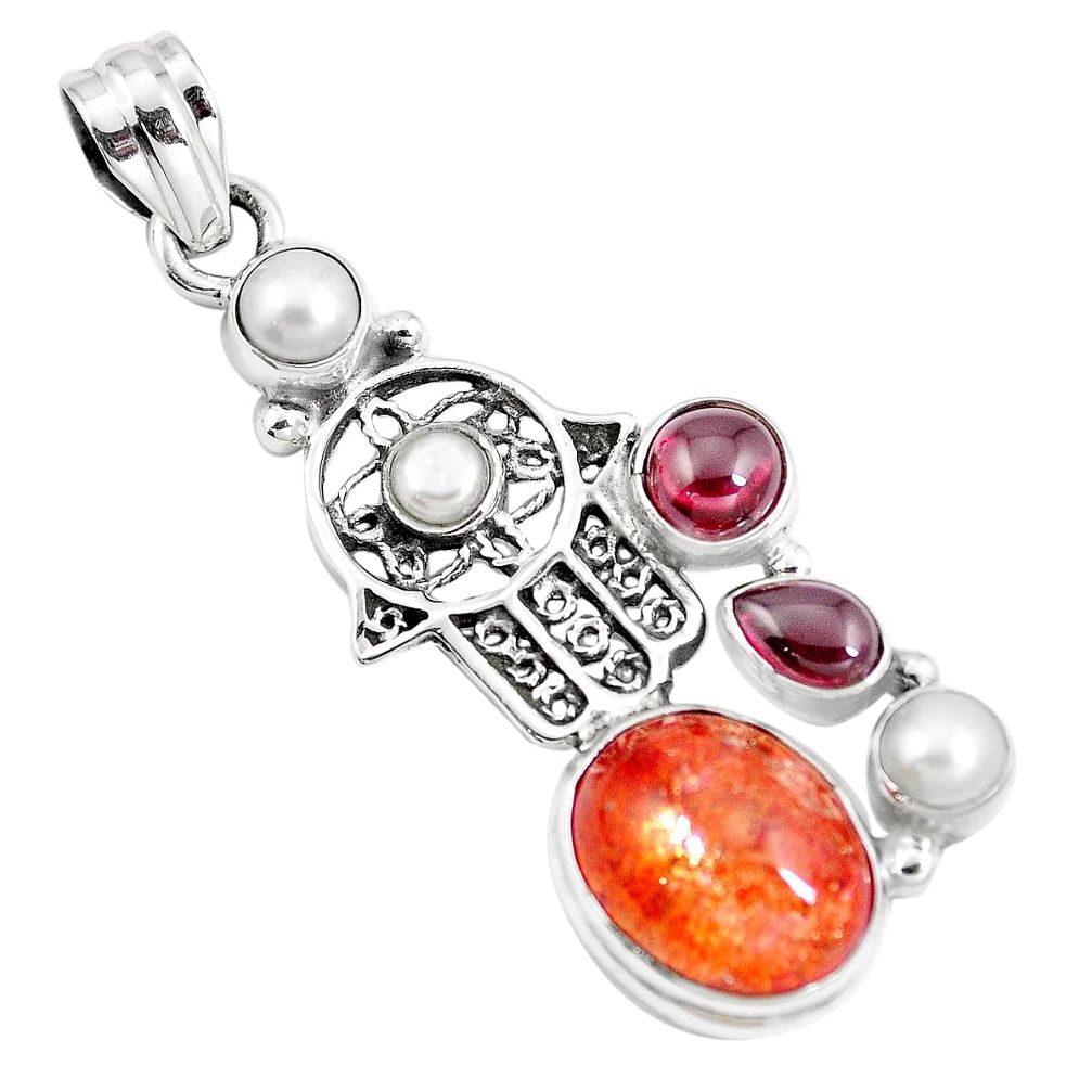 Natural sunstone (hematite feldspar) 925 silver hand of god hamsa pendant m85817