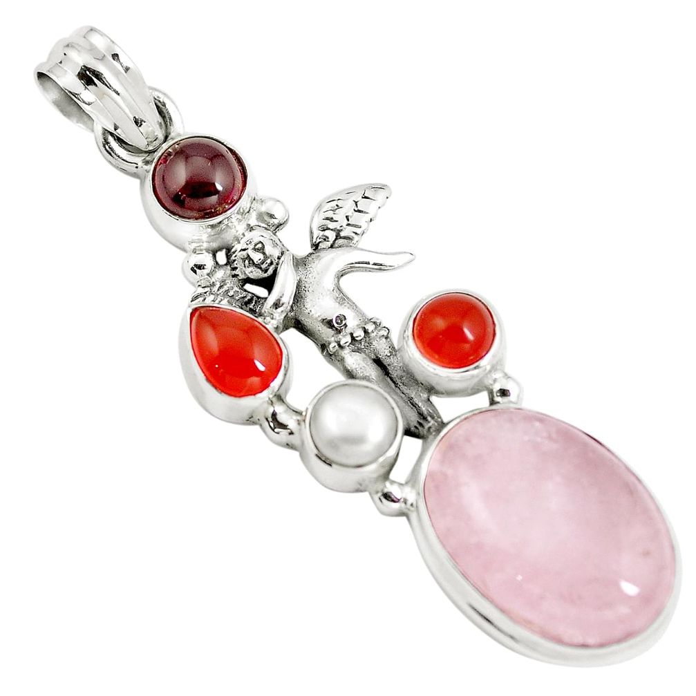 Pink morganite cornelian (carnelian) 925 silver angel wings fairy pendant m85828