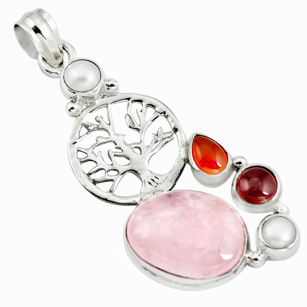 Natural morganite cornelian (carnelian) 925 silver tree of life pendant m85829