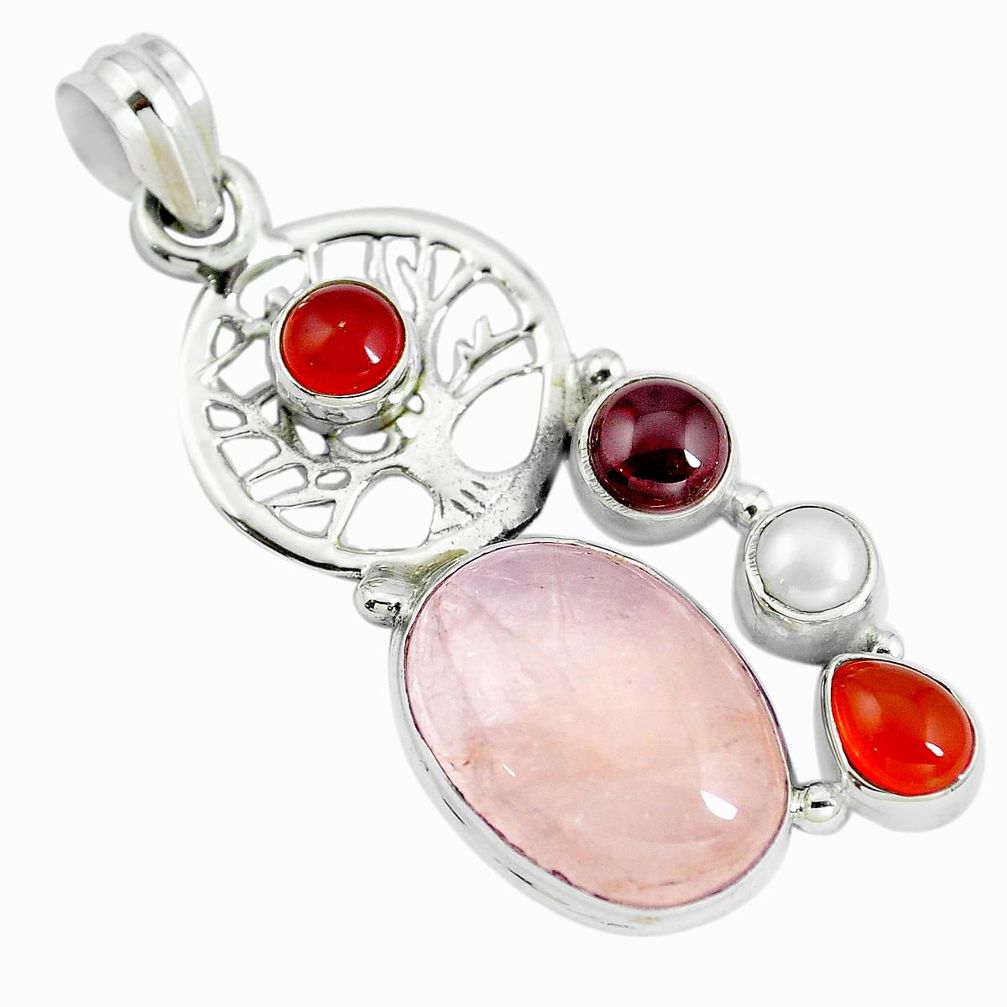 Natural morganite cornelian (carnelian) 925 silver tree of life pendant m85831