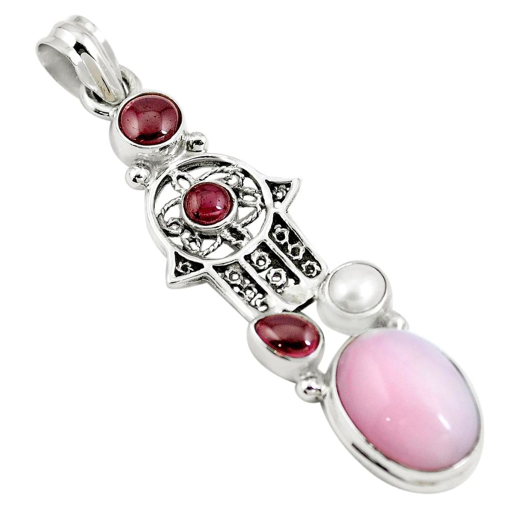 Natural pink opal garnet pearl 925 silver hand of god hamsa pendant m85842