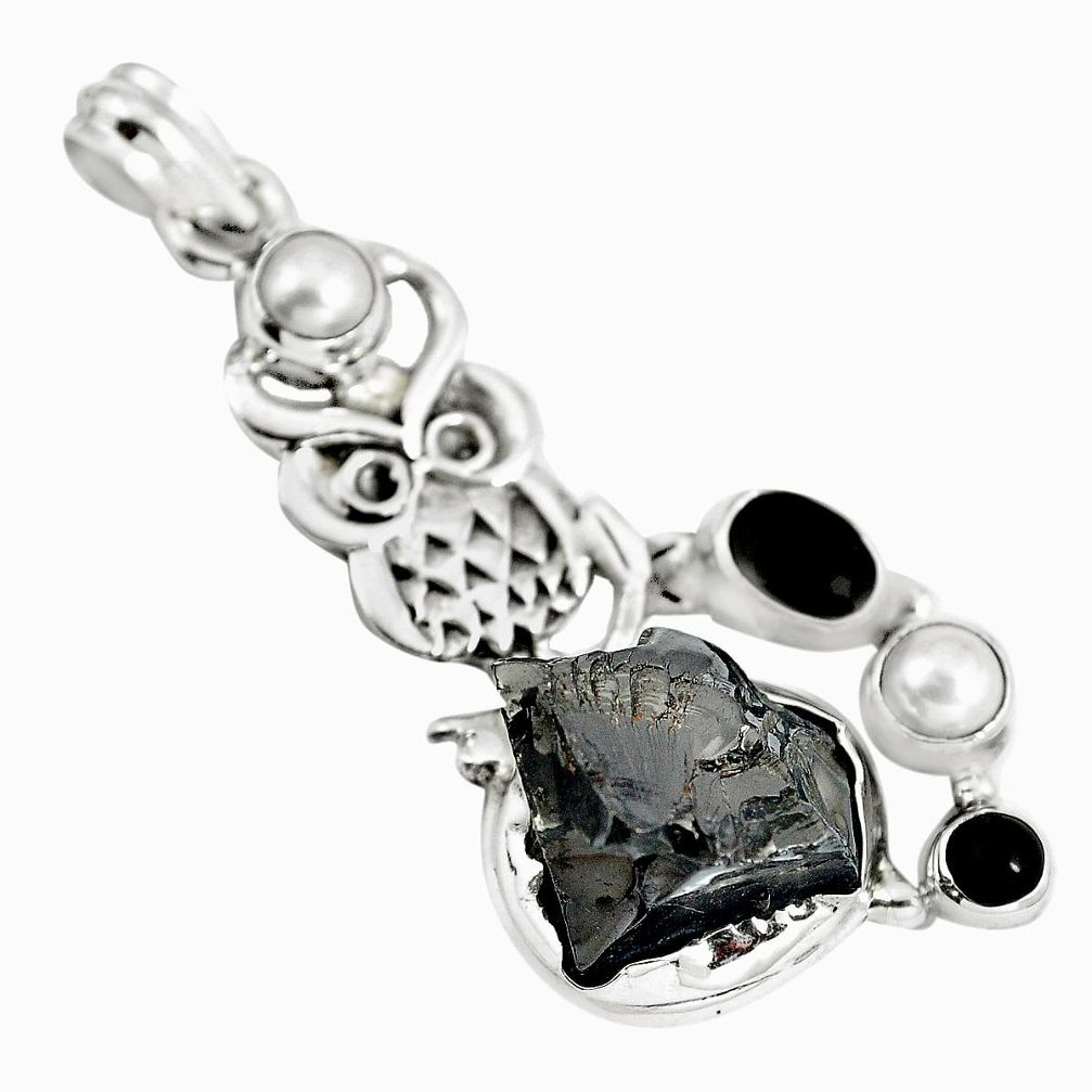 Natural black shungite onyx 925 sterling silver cat pendant m85862