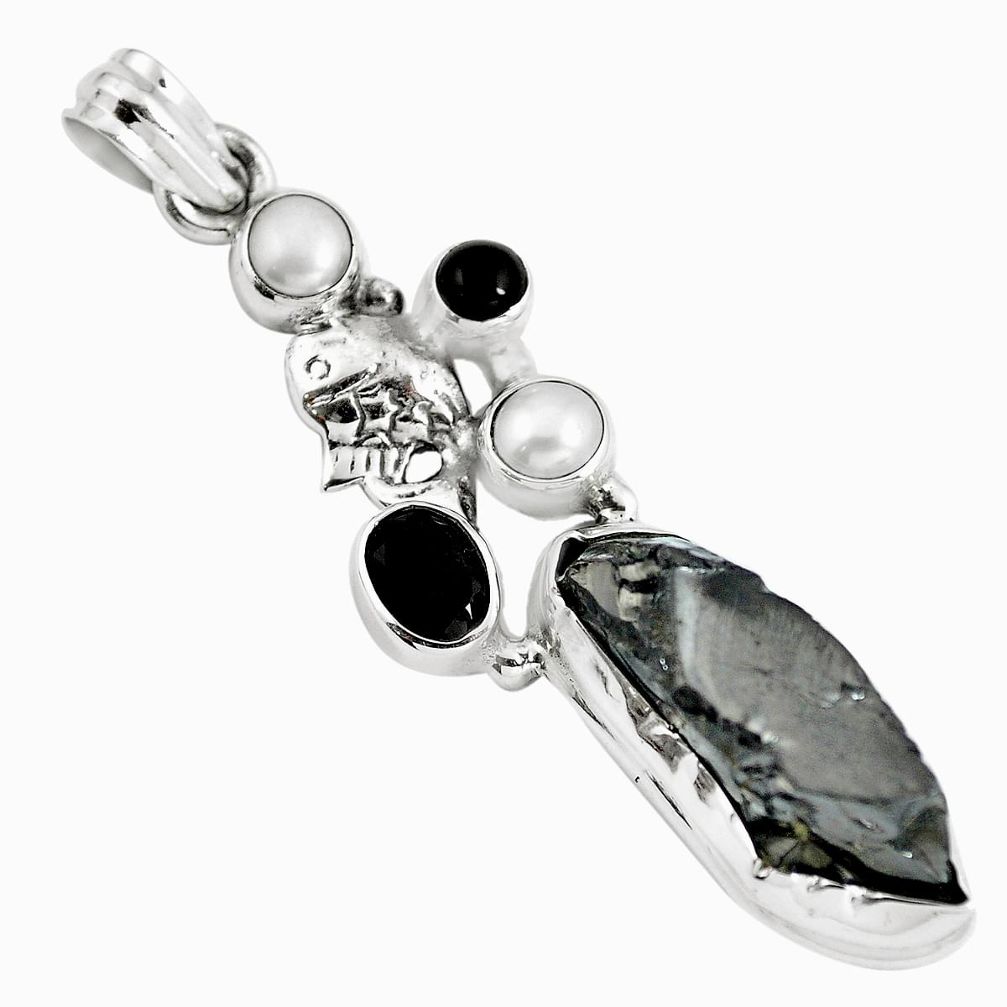 Natural black shungite onyx 925 sterling silver fish pendant m85873