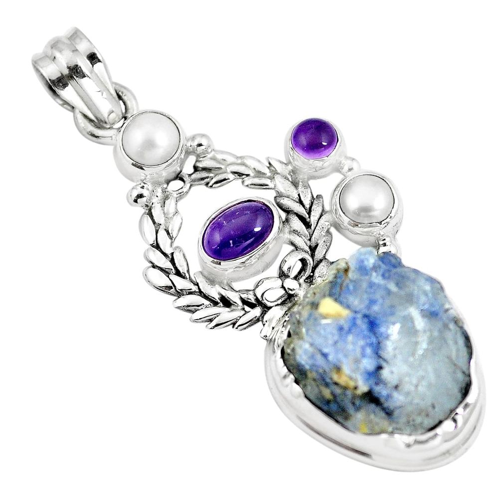 Natural blue dumortierite rough amethyst 925 silver pendant m85907