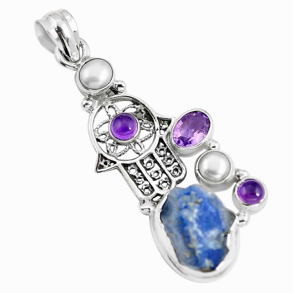 Natural blue dumortierite rough 925 silver hand of god hamsa pendant m85920