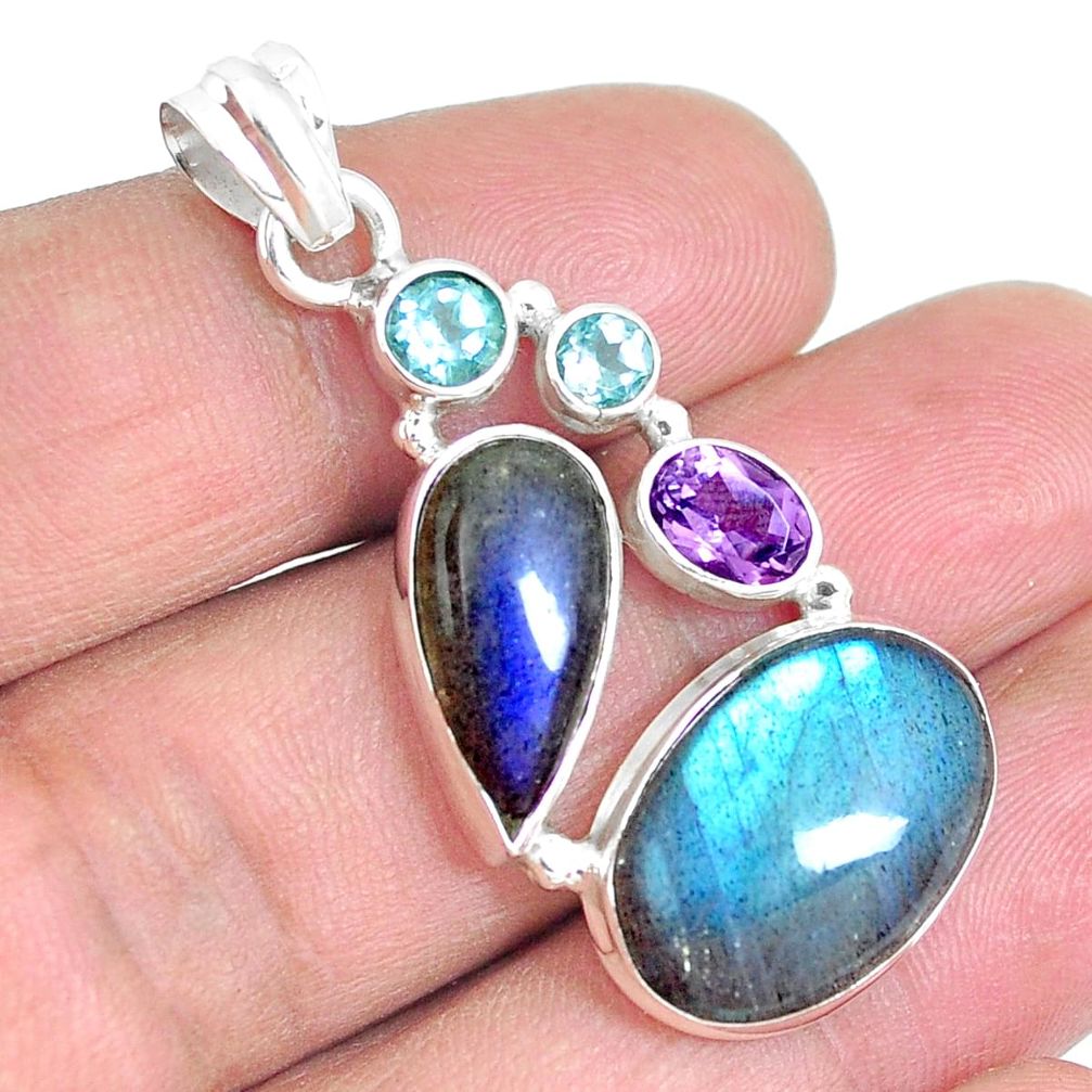 Natural blue labradorite amethyst 925 sterling silver pendant m86485