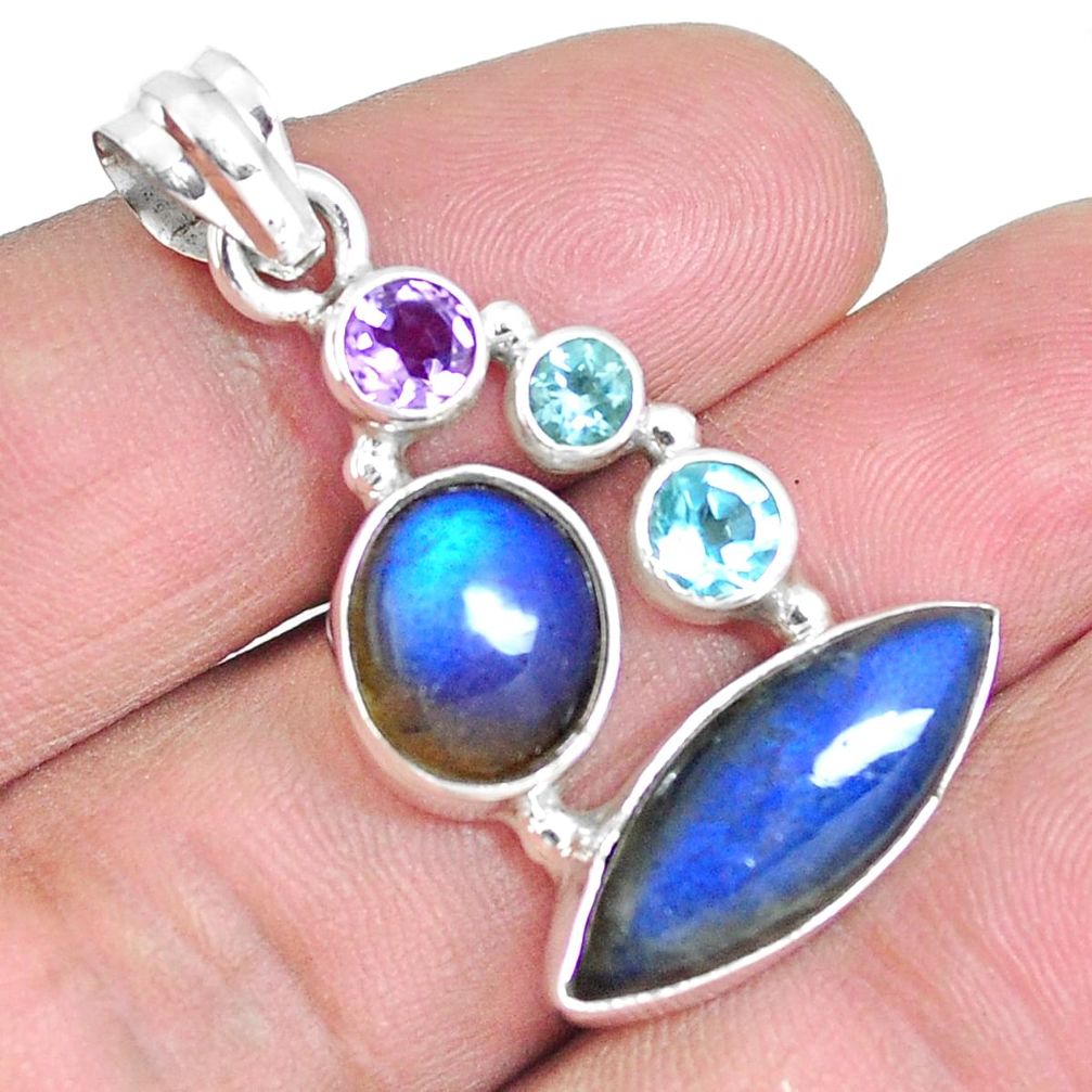 Natural blue labradorite amethyst 925 sterling silver pendant m86494