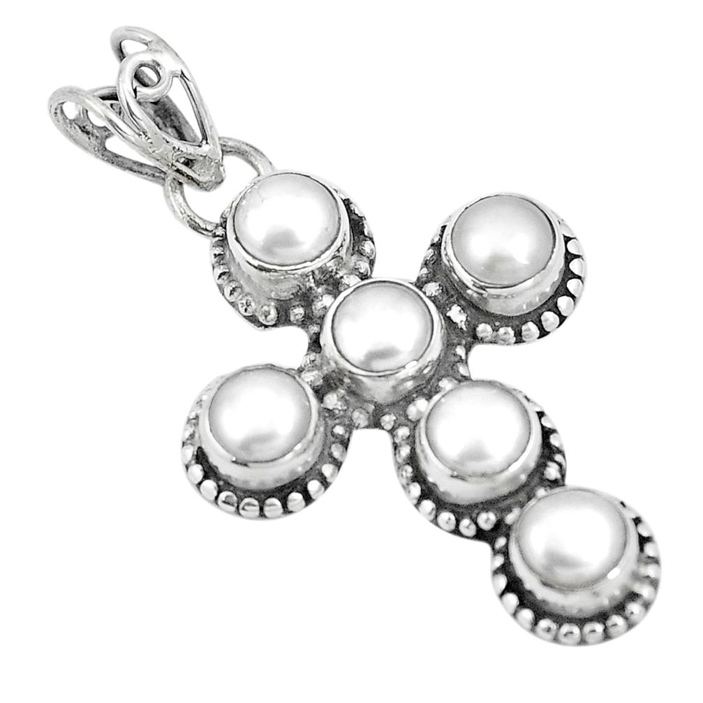 925 sterling silver 5.53cts natural white pearl round holy cross pendant m87196