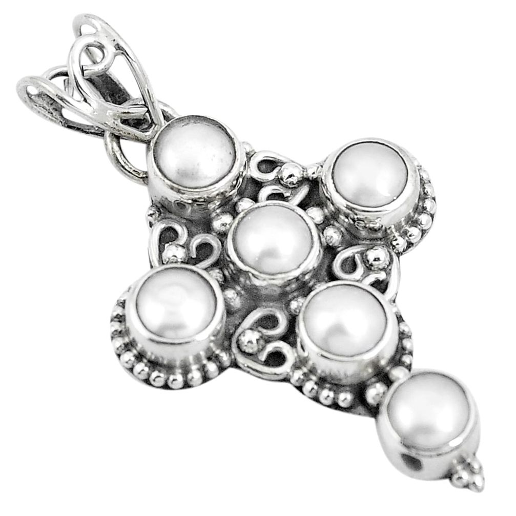 5.38cts natural white pearl round 925 sterling silver holy cross pendant m87205