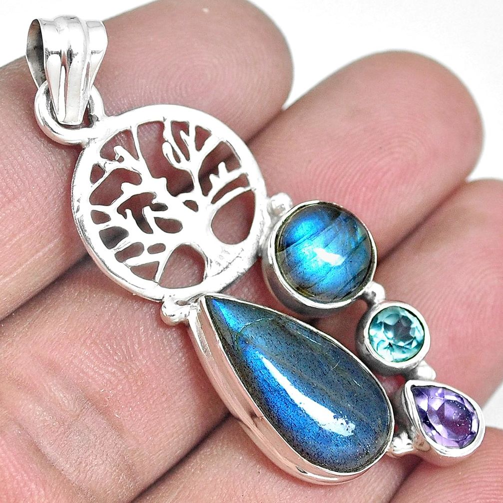 Natural blue labradorite 925 silver tree of life pendant jewelry m87229