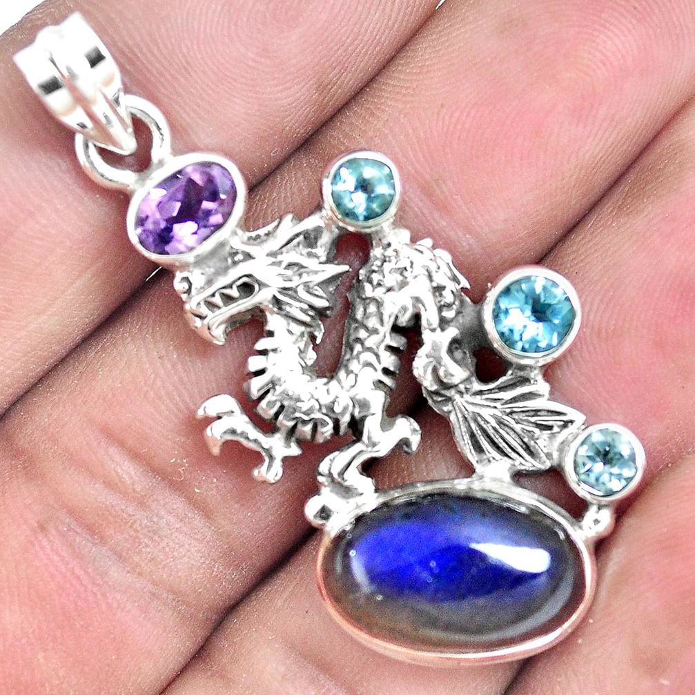 Natural blue labradorite topaz 925 sterling silver dragon pendant jewelry m87233