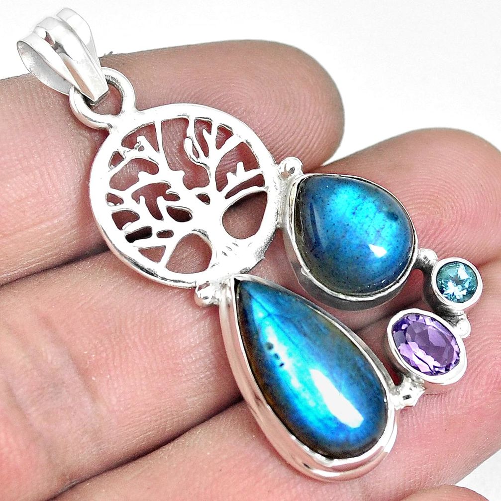 Natural blue labradorite 925 silver tree of life pendant jewelry m87235