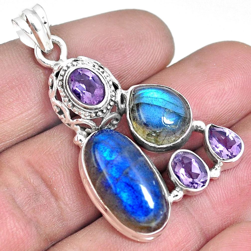 Natural blue labradorite amethyst 925 sterling silver pendant jewelry m87237