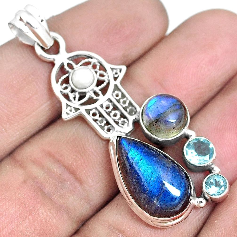 Natural blue labradorite 925 silver hand of god hamsa pendant m87241