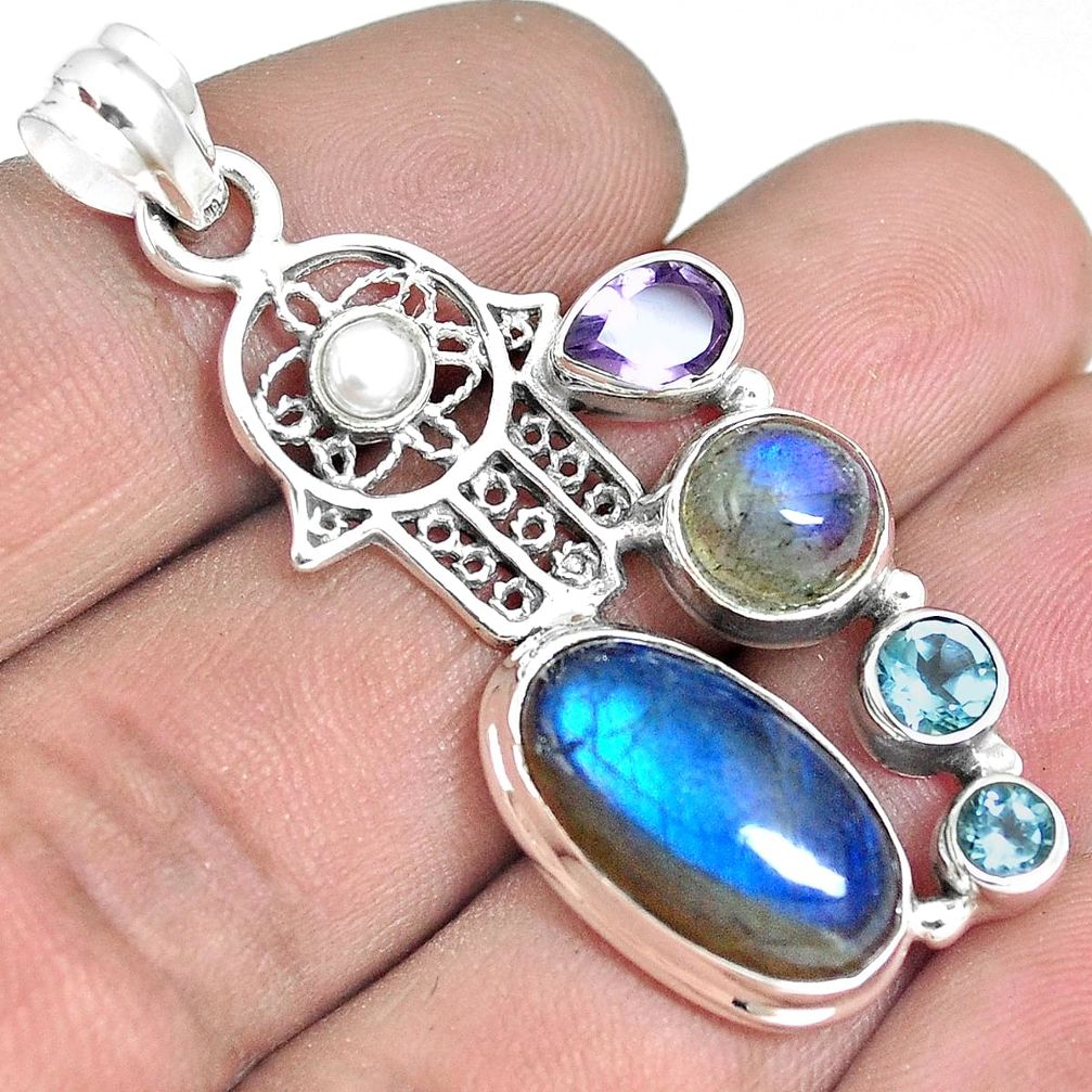 Natural blue labradorite 925 silver hand of god hamsa pendant m87242