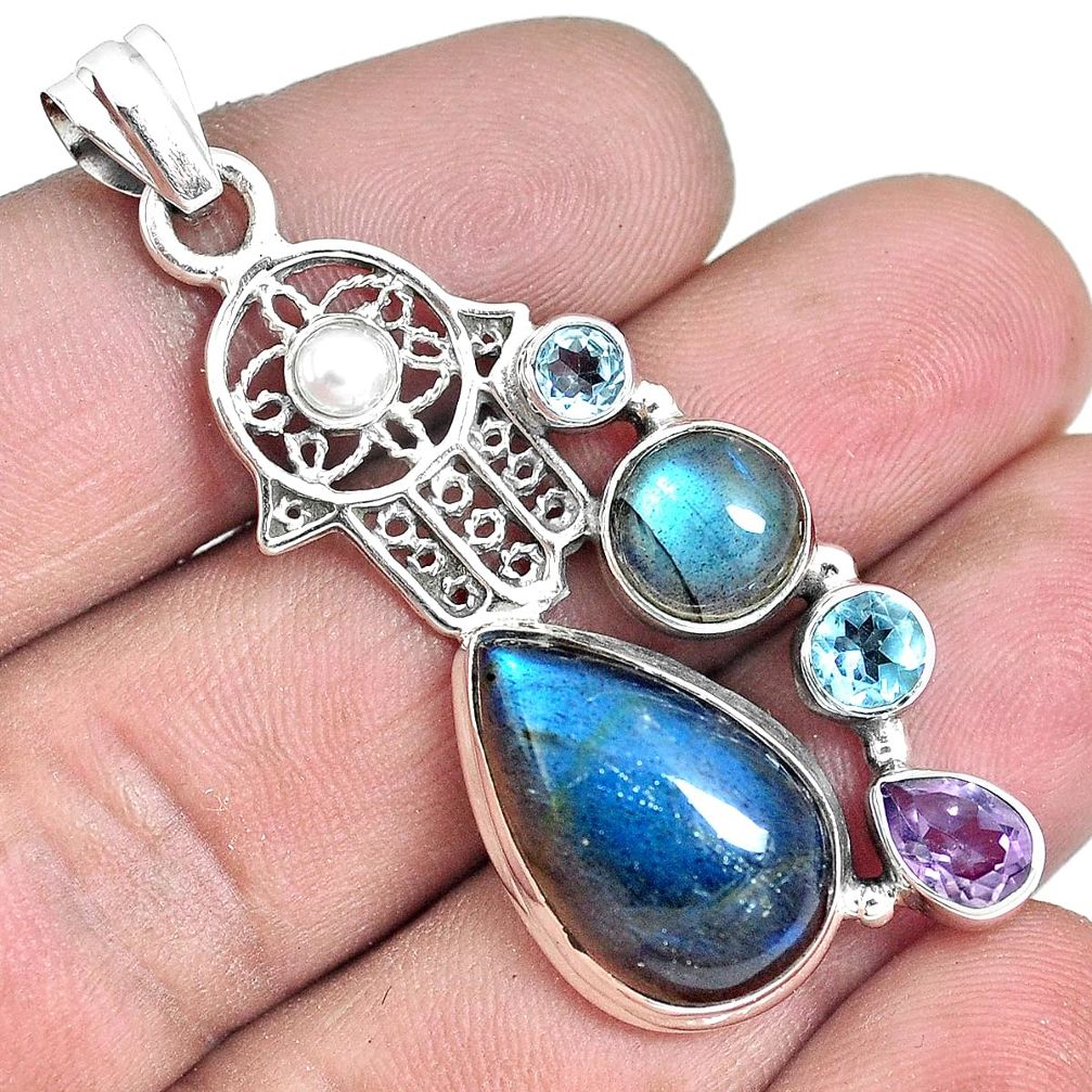 Natural blue labradorite 925 silver hand of god hamsa pendant jewelry m87244