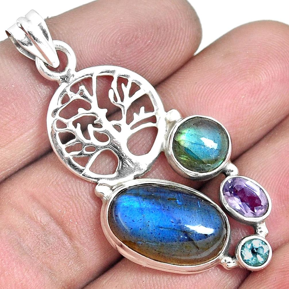 Natural blue labradorite 925 silver tree of life pendant jewelry m87255