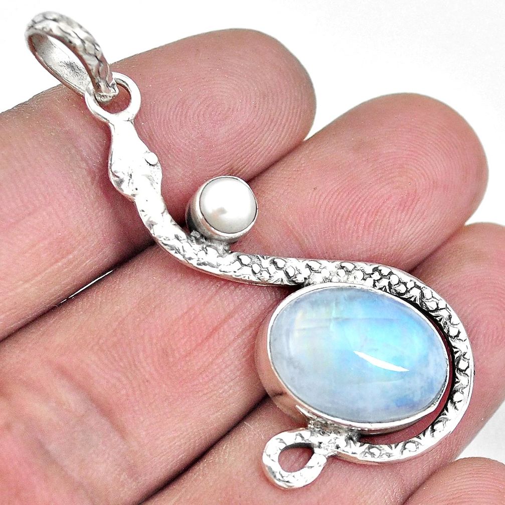 925 silver natural rainbow moonstone white pearl snake pendant m87292