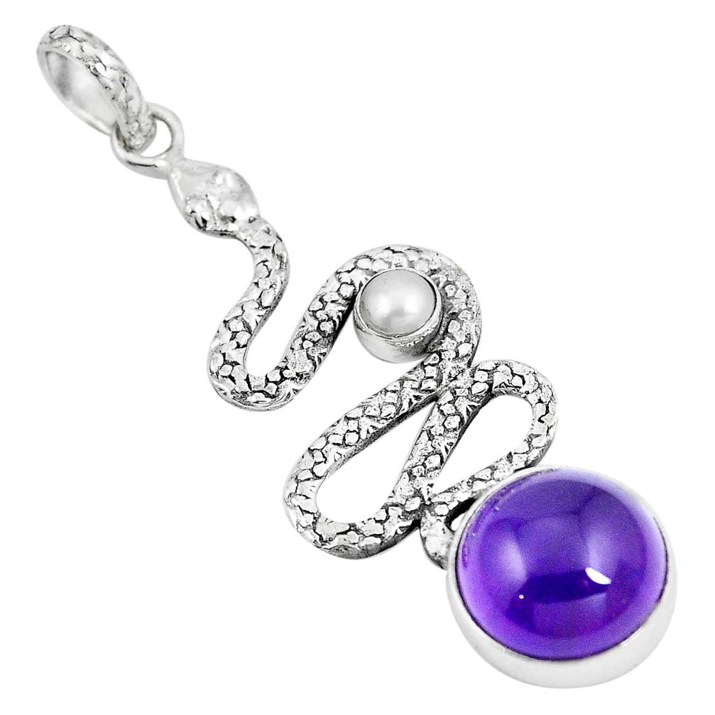 925 sterling silver natural purple amethyst white pearl snake pendant m87304