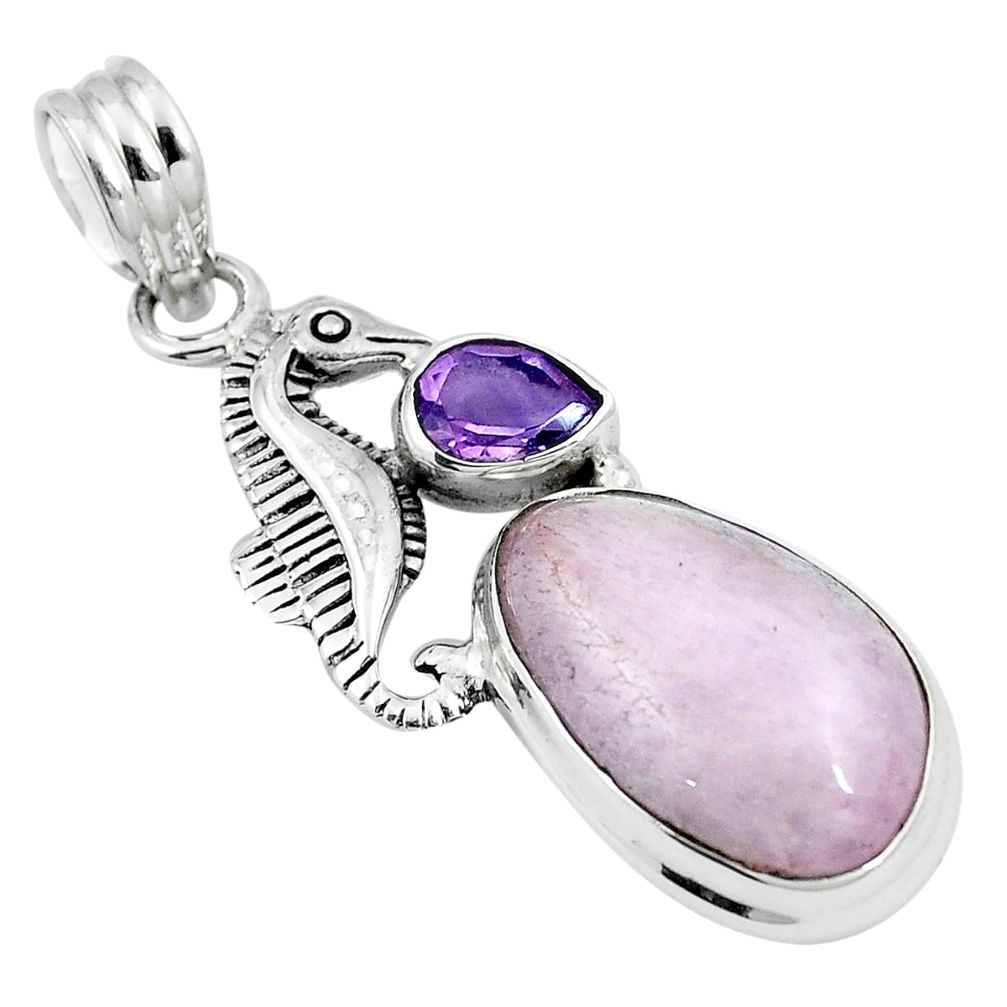 Natural pink kunzite amethyst 925 silver seahorse pendant m87381