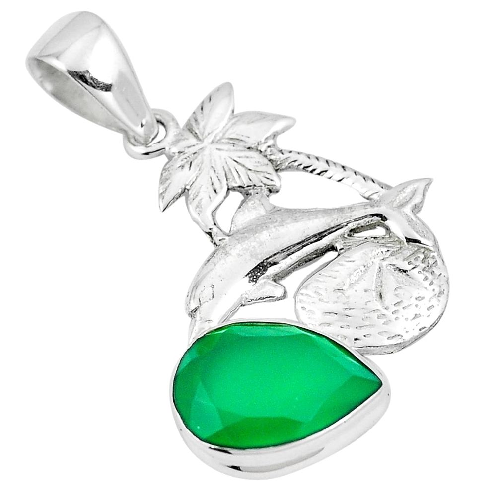 Natural green chalcedony 925 sterling silver dolphin pendant m87386