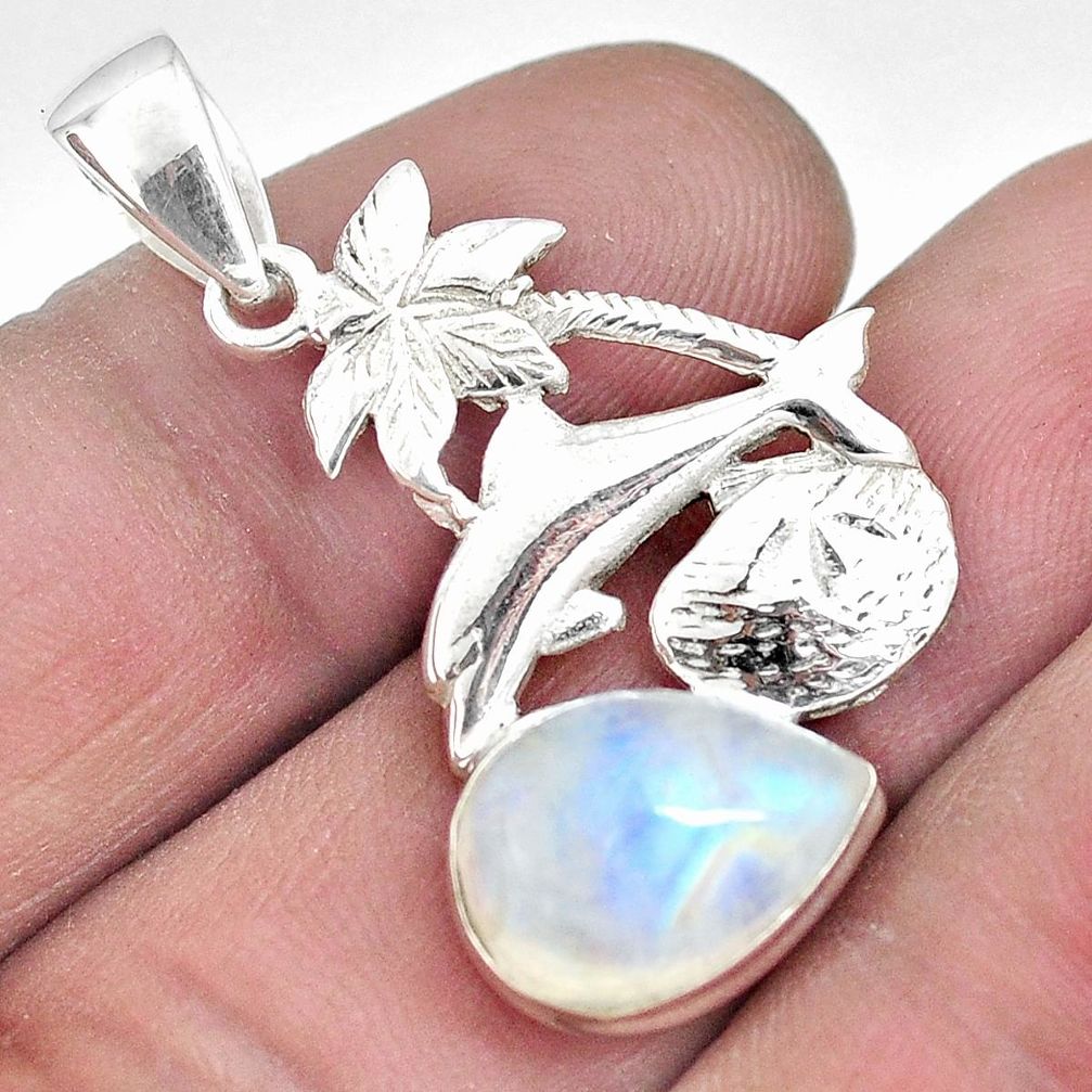 Natural rainbow moonstone 925 sterling silver dolphin pendant m87394