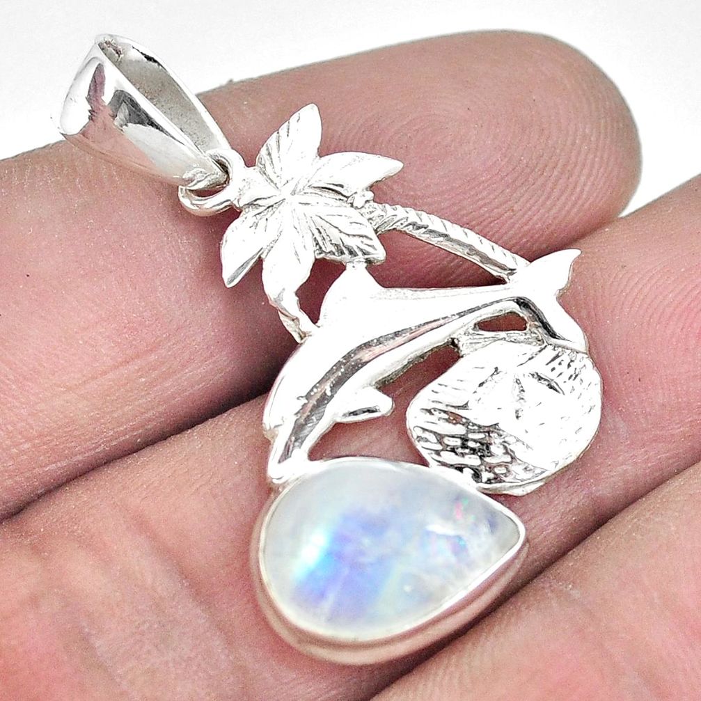 Natural rainbow moonstone 925 sterling silver dolphin pendant m87395