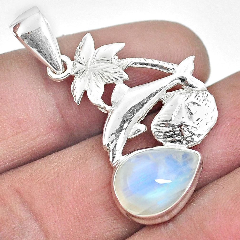 Natural rainbow moonstone 925 sterling silver dolphin pendant m87396