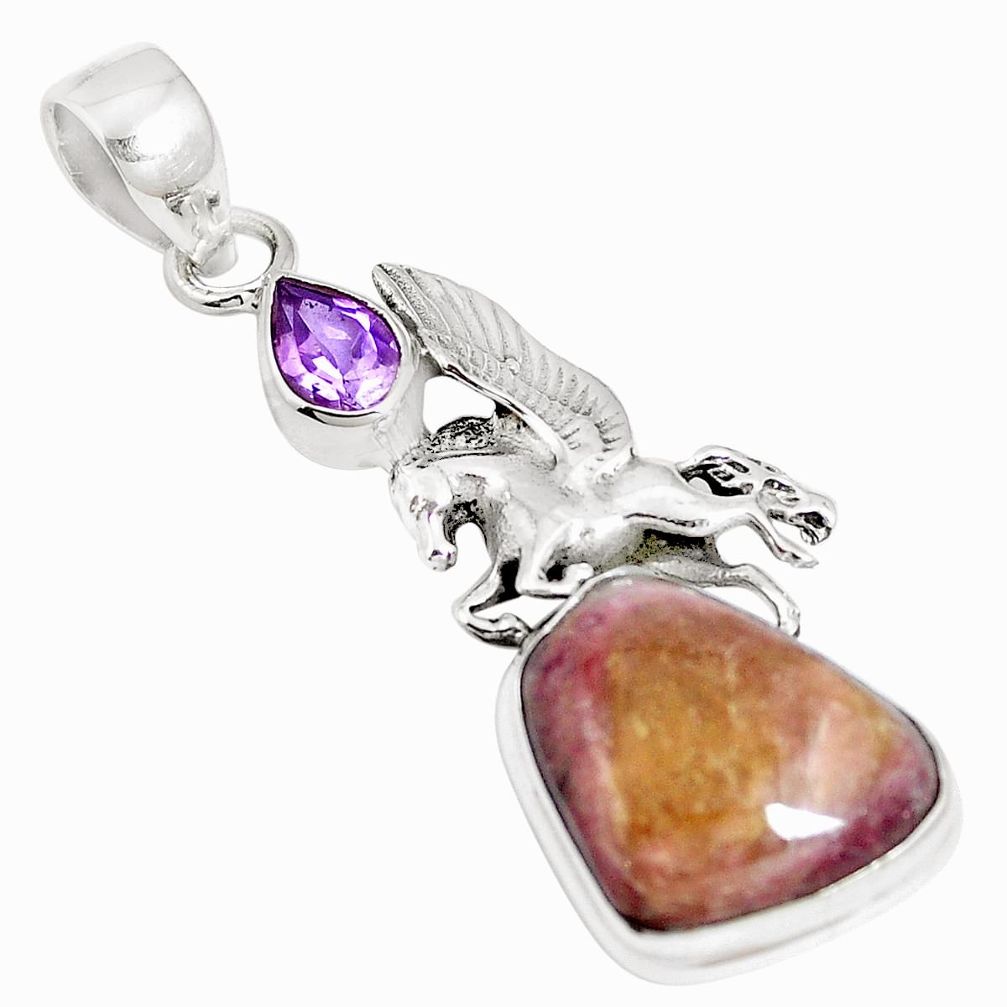 Natural pink bio tourmaline amethyst 925 silver unicorn pendant m87421