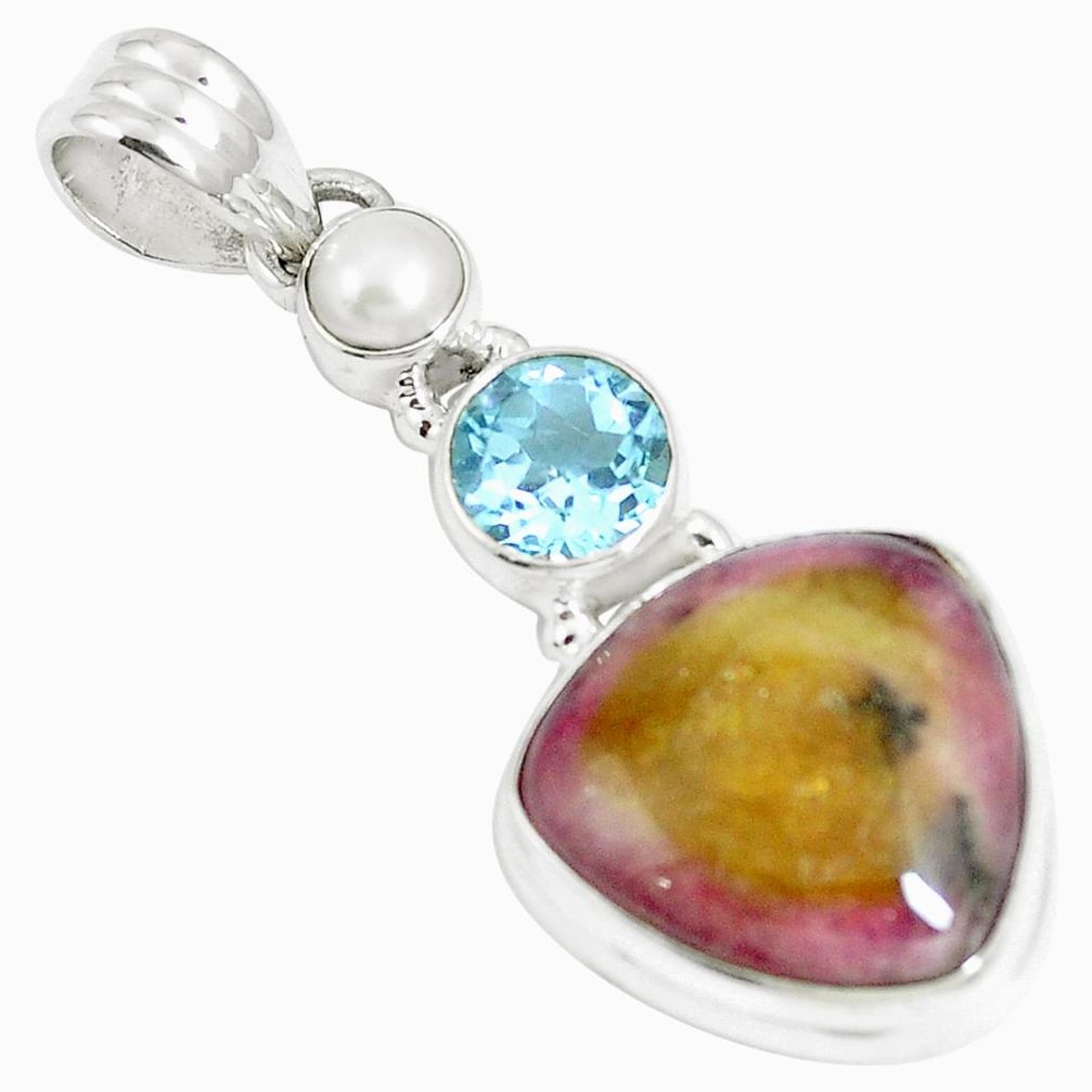 925 sterling silver natural pink bio tourmaline blue topaz pendant m87424