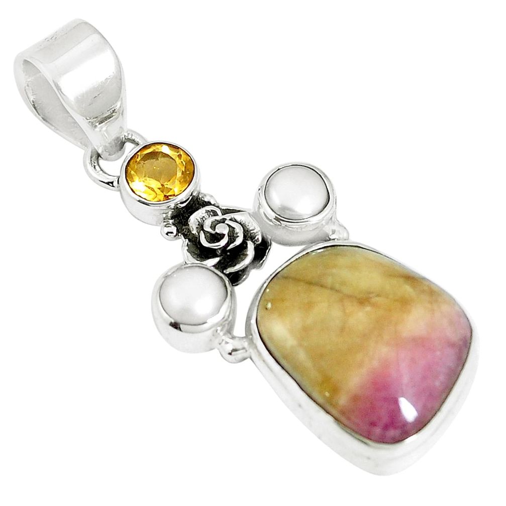 Natural pink bio tourmaline citrine 925 silver flower pendant m87426