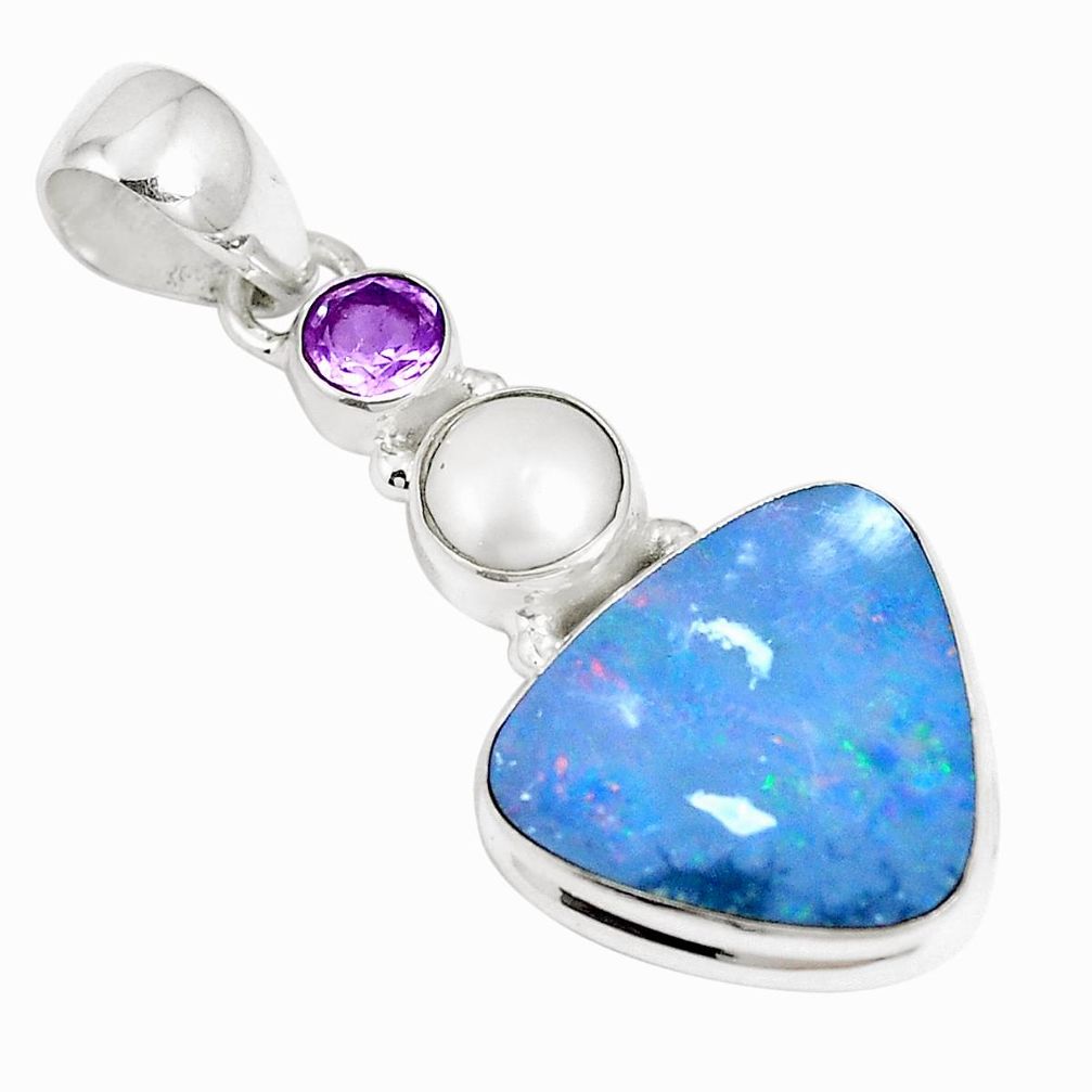 925 silver natural blue doublet opal australian amethyst pearl pendant m87436