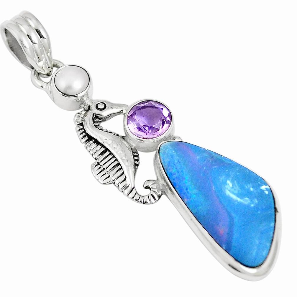 Natural blue doublet opal australian amethyst 925 silver pendant m87439