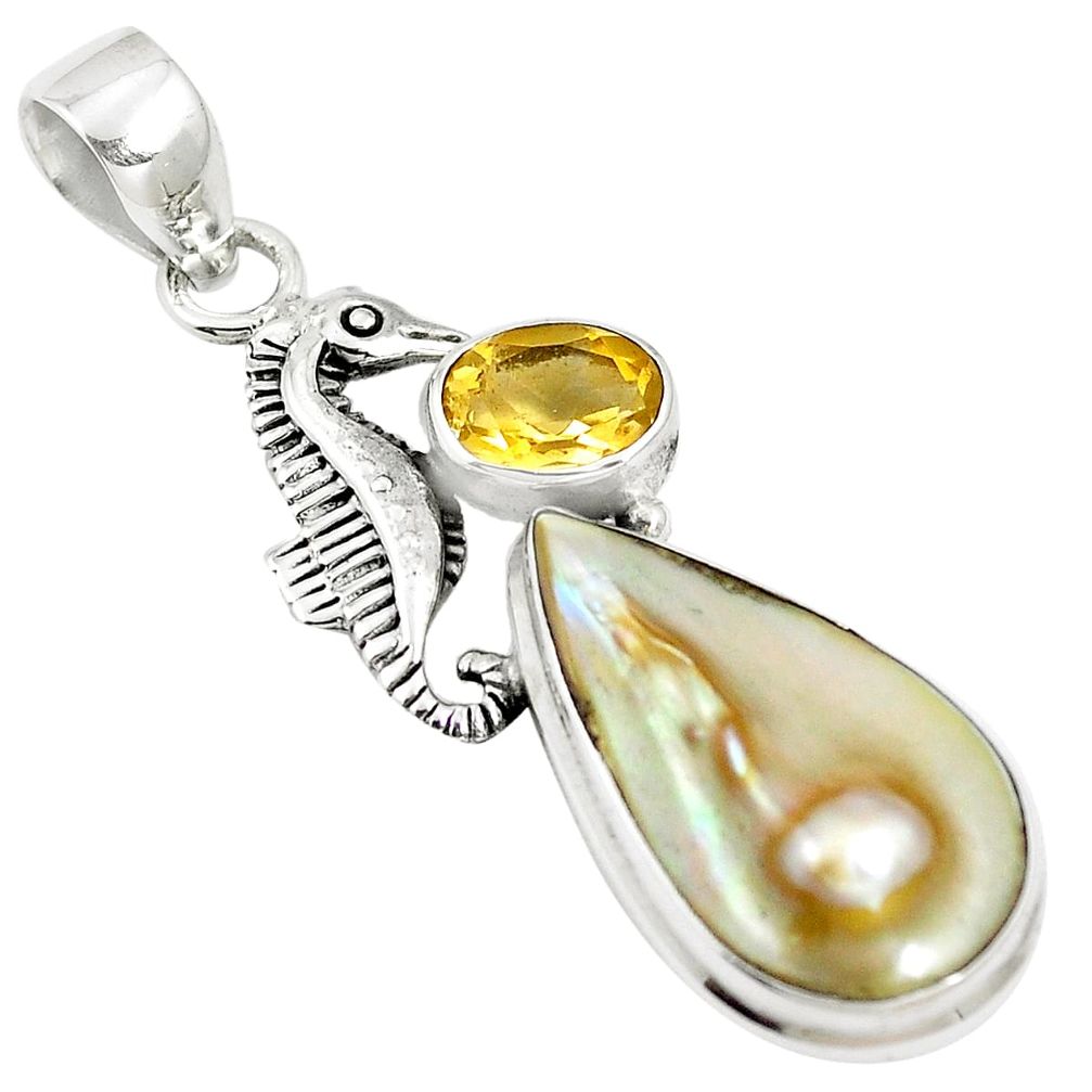 Natural white pearl citrine 925 sterling silver seahorse pendant m87453