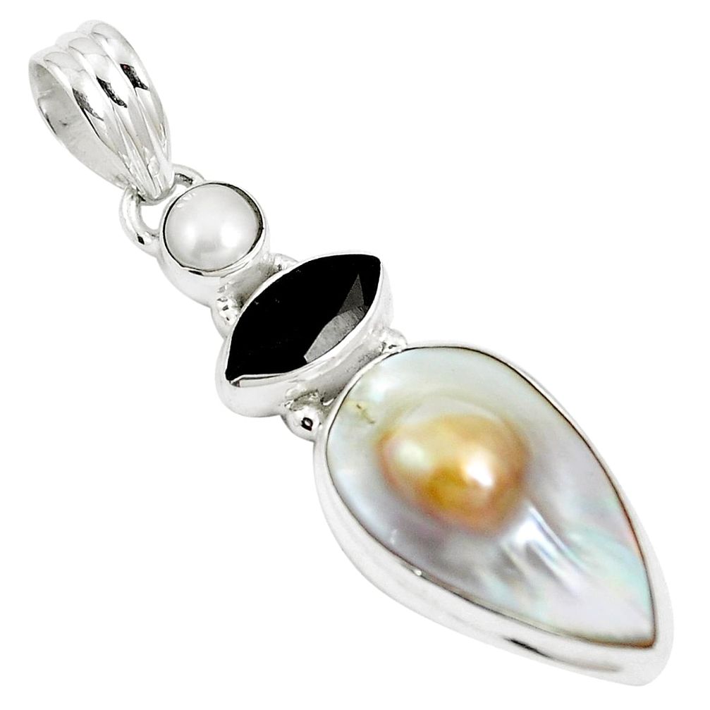 Natural white pearl onyx 925 sterling silver pendant jewelry m87454