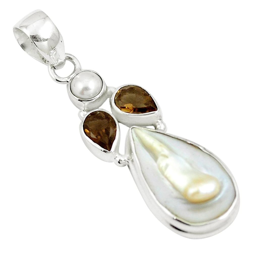 925 sterling silver natural white pearl brown smoky topaz pendant m87455