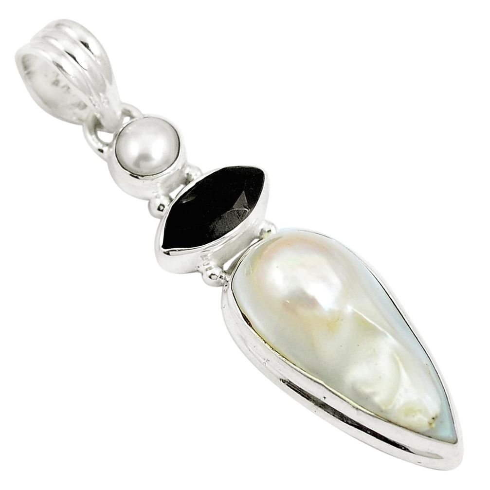 Natural white pearl onyx 925 sterling silver pendant jewelry m87459